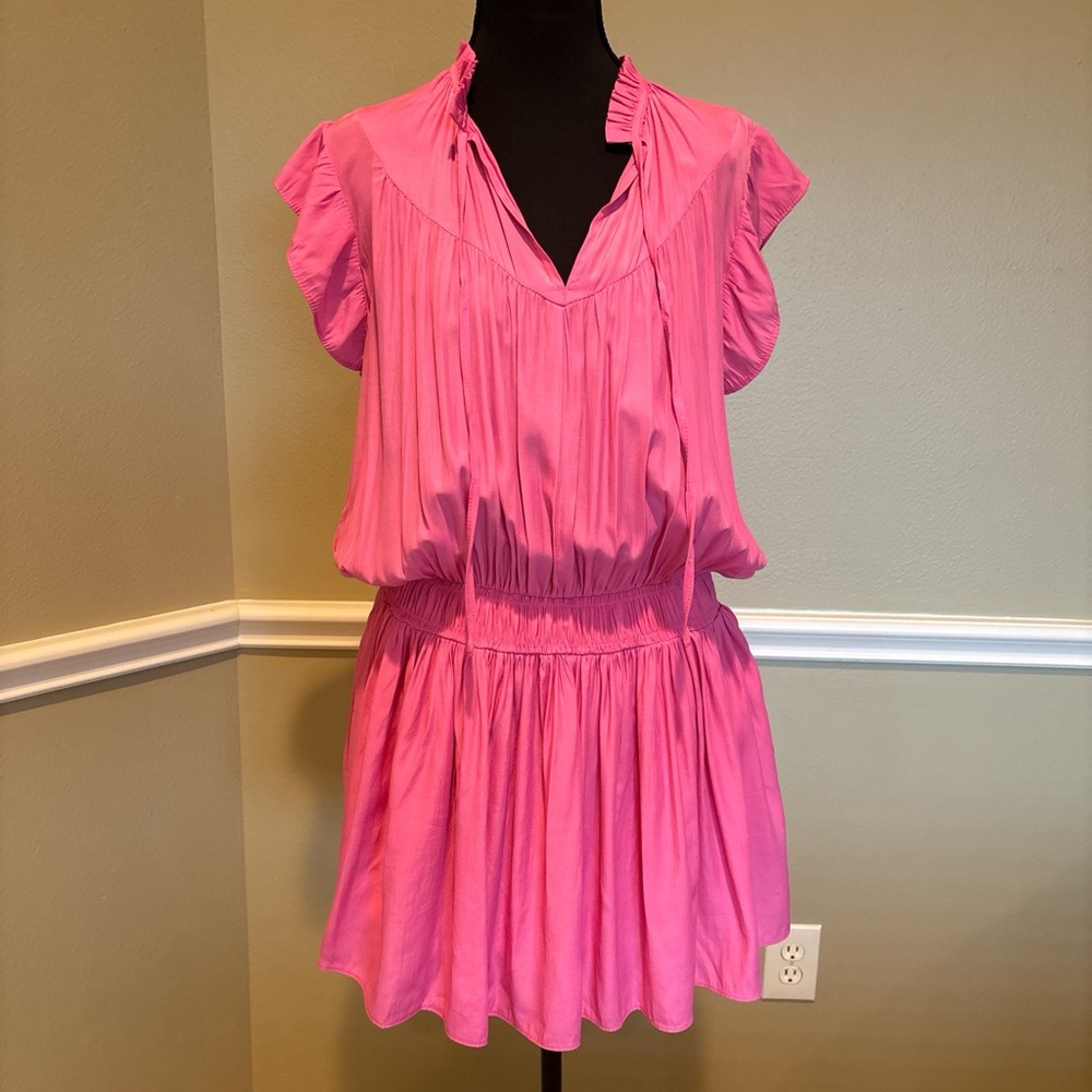 Day + Moon Pink Ruffle Neck Feminine Coquette Mini Dress Elastic Waist Sz L